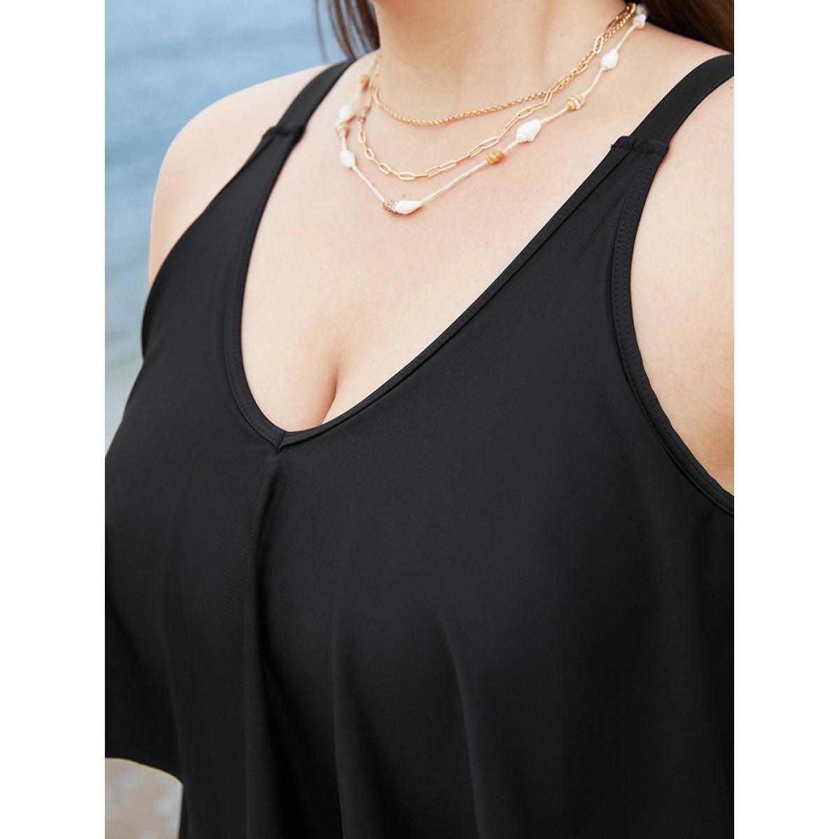 Plus Size Adjustable Straps Asymmetrical Ruffle Tiered Tankini Top Women's Swimwear Black Vacation Adjustable Straps High stretch Bodycon V-neck Curve Swim Tops BloomChic 28/5X Product Image