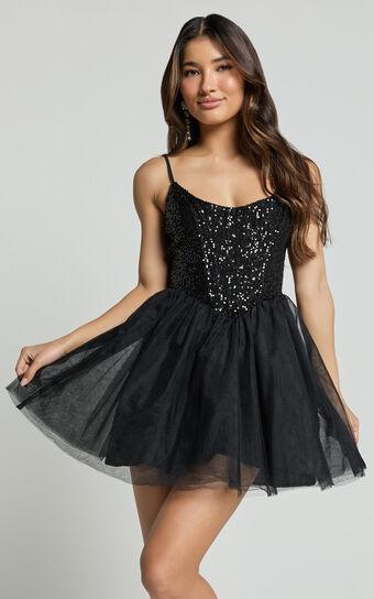 Violette Mini Dress - Sequin Corset Tulle Skirt Dress in Black Product Image