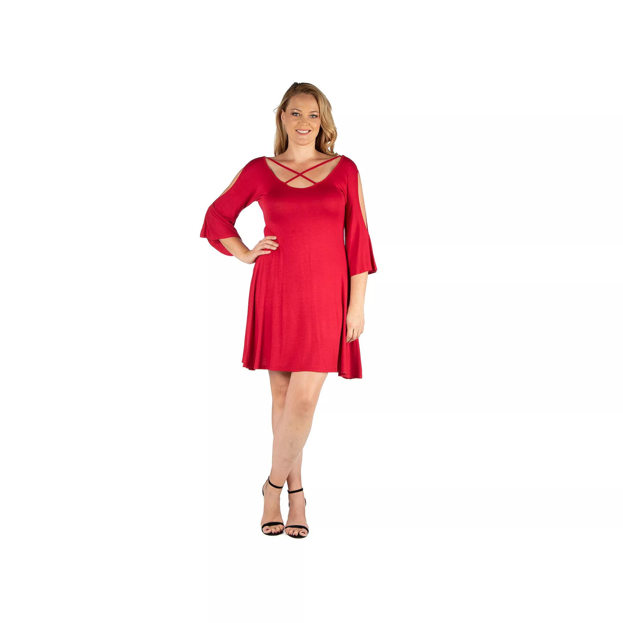 Plus Size 24seven Comfort Apparel Criss Cross Neckline Cold Shoulder Dress, Women's, Size: 3XL, Red Product Image