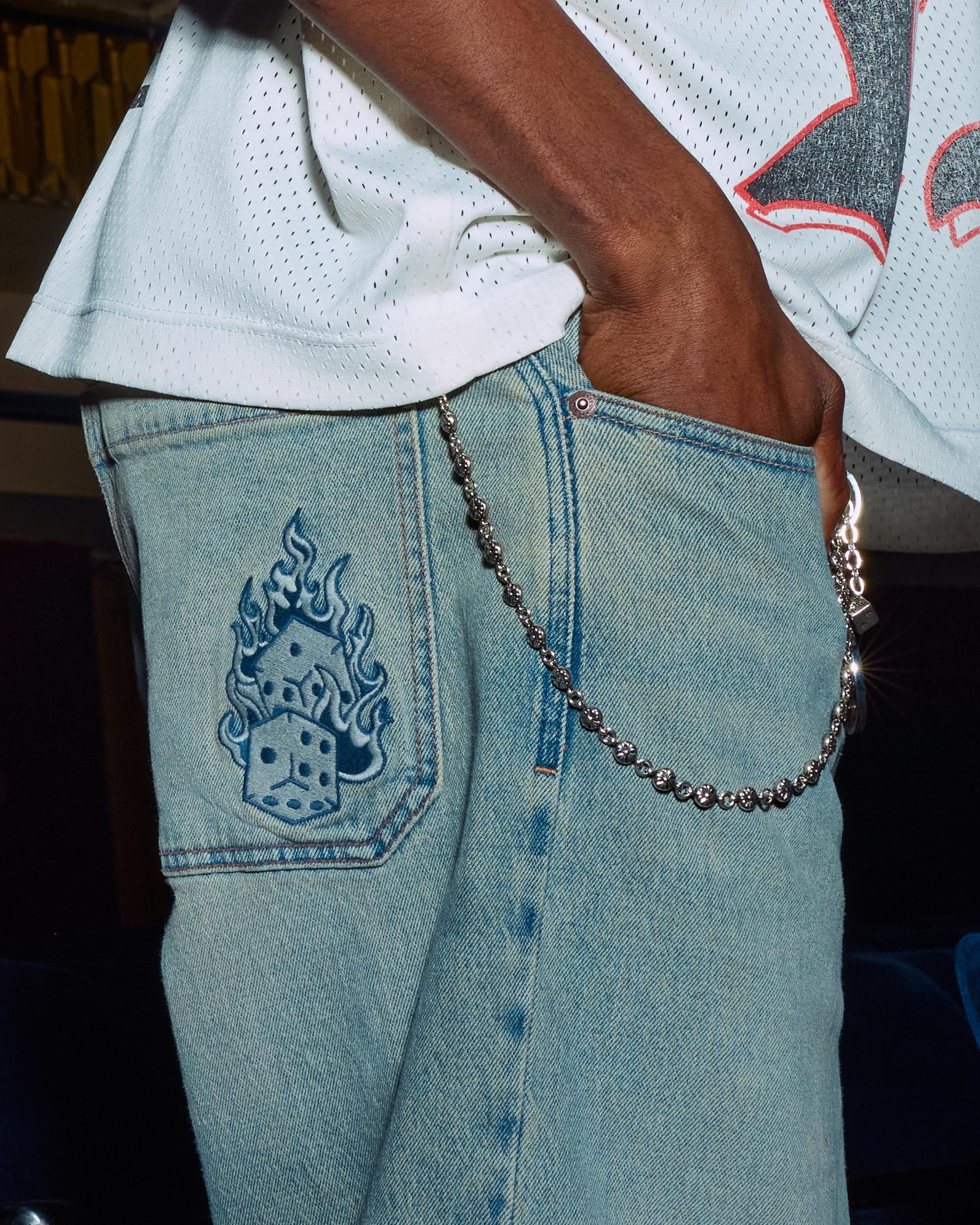 Light Wash Embroidered Dice Skater Baggy Jeans Product Image