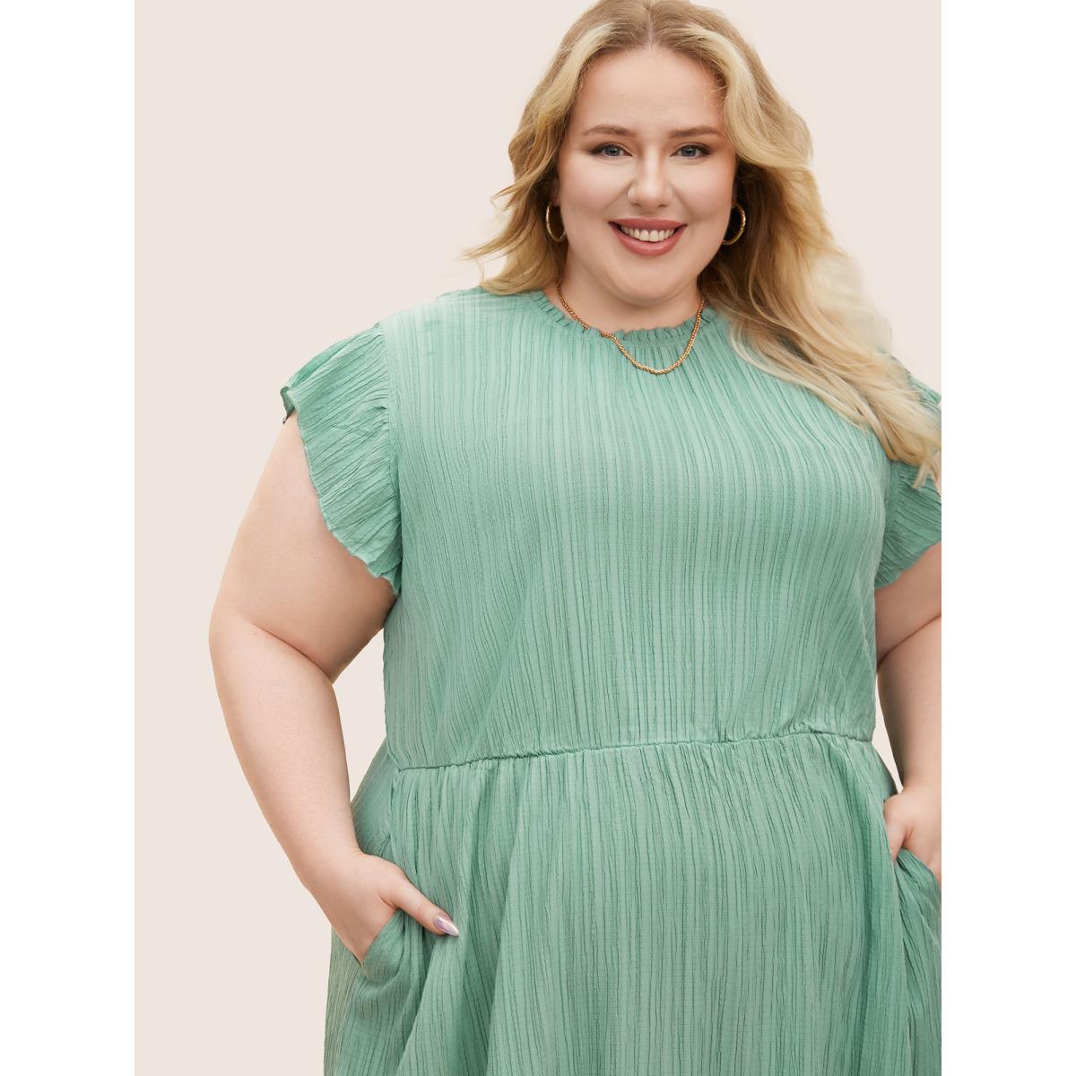 Plus Size Plain Cap Sleeve Ruffles Trim Mock Neck Pocket Dress Mint Women Elegant Pocket Round Neck Short sleeve Curvy Midi Dress BloomChic 18-20/2X Product Image
