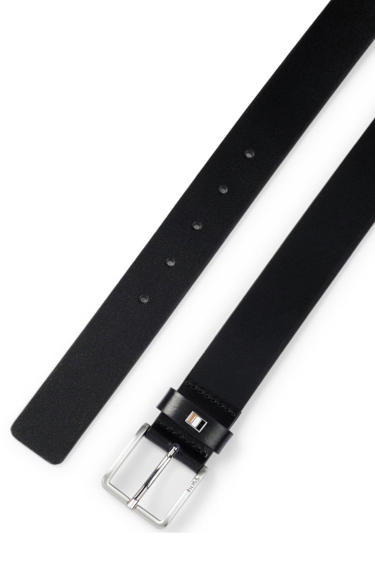 BOSS - Italian-leather belt with signature-stripe keeper trim - Black Product Image