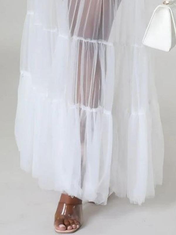 Puff Sleeves Gauze Pleated See-Through Solid Color Split-Joint Tied Waist Lapel Maxi Dresses Product Image