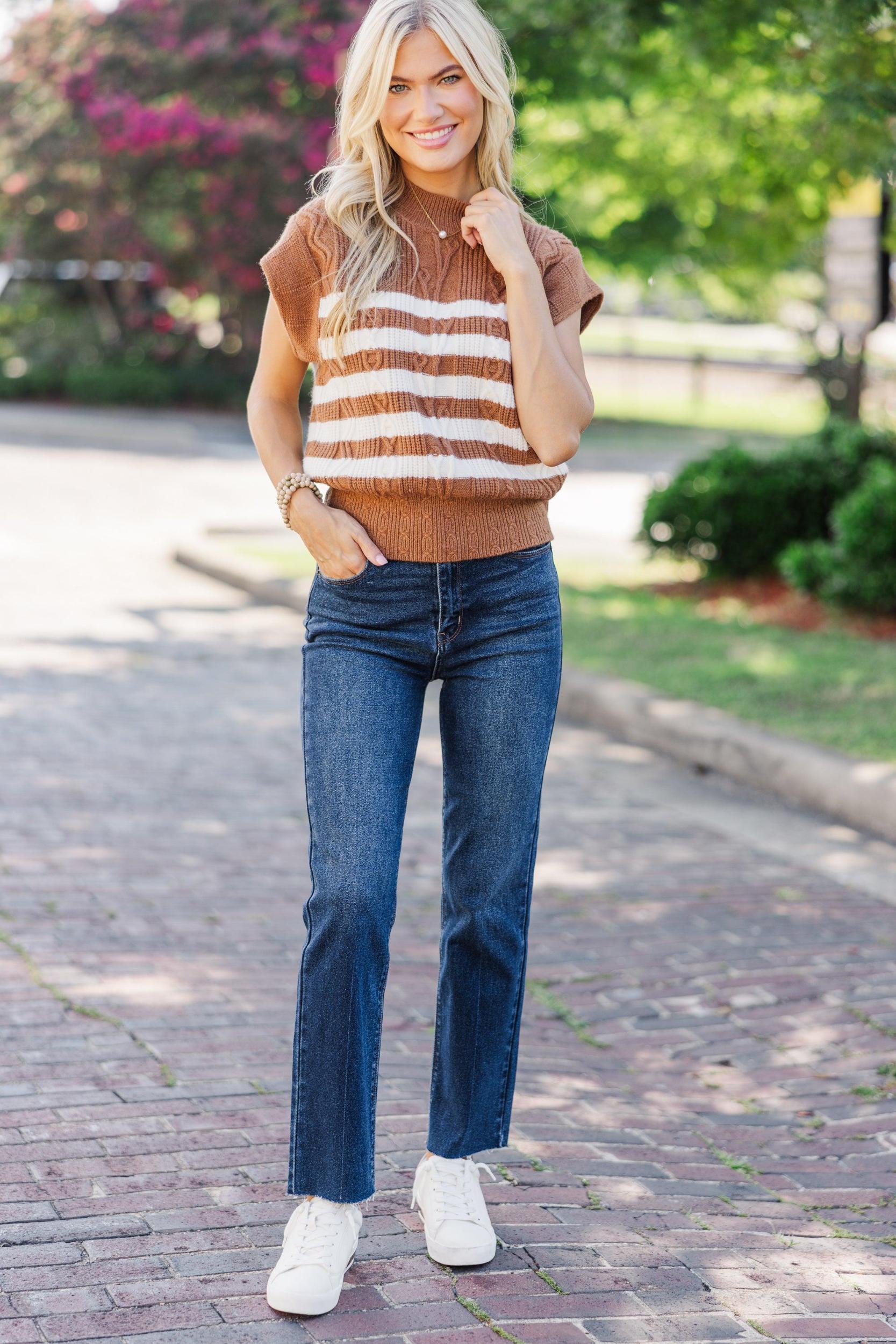 Get It Going Camel Brown Striped Cable Knit Sweater Top Female Product Image
