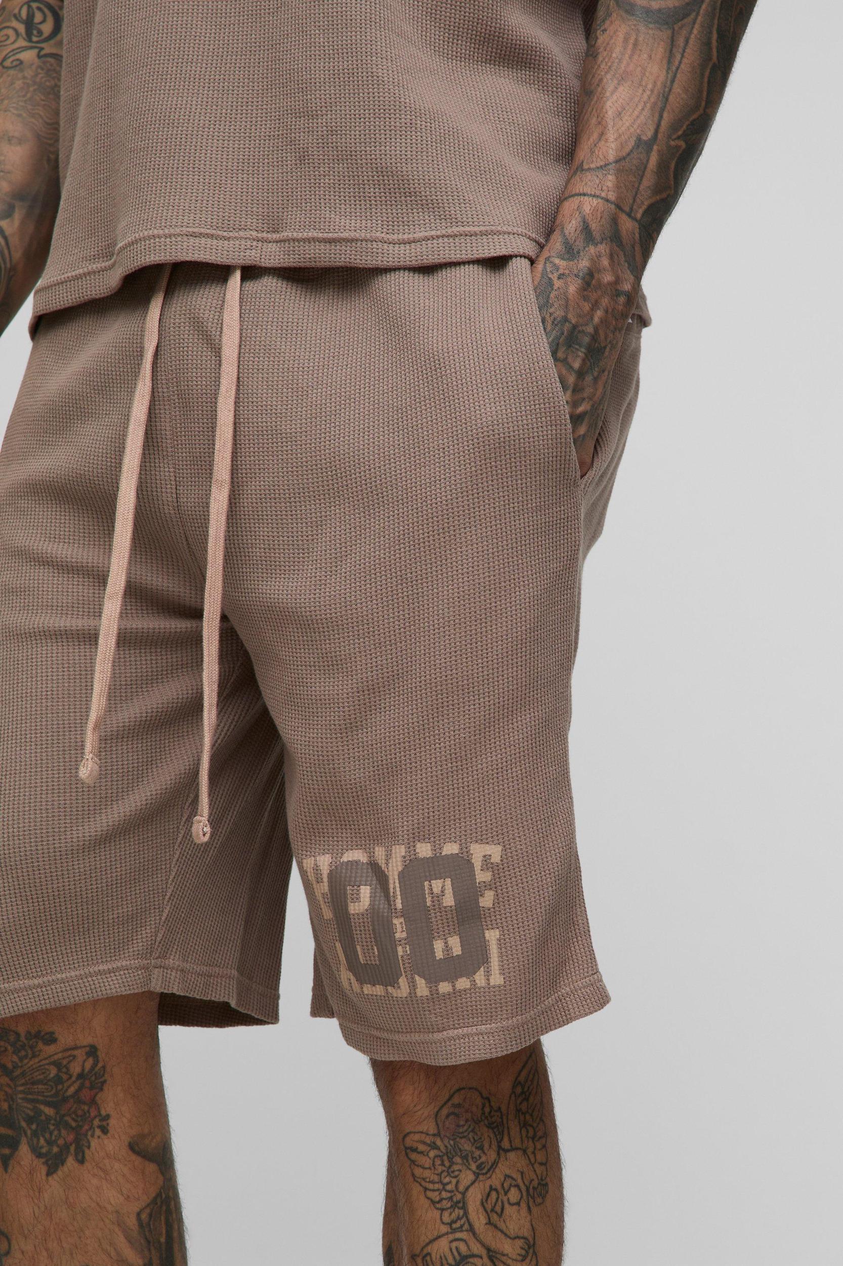 Tall Loose Fit Waffle Graphic Jersey Shorts | boohooMAN USA Product Image