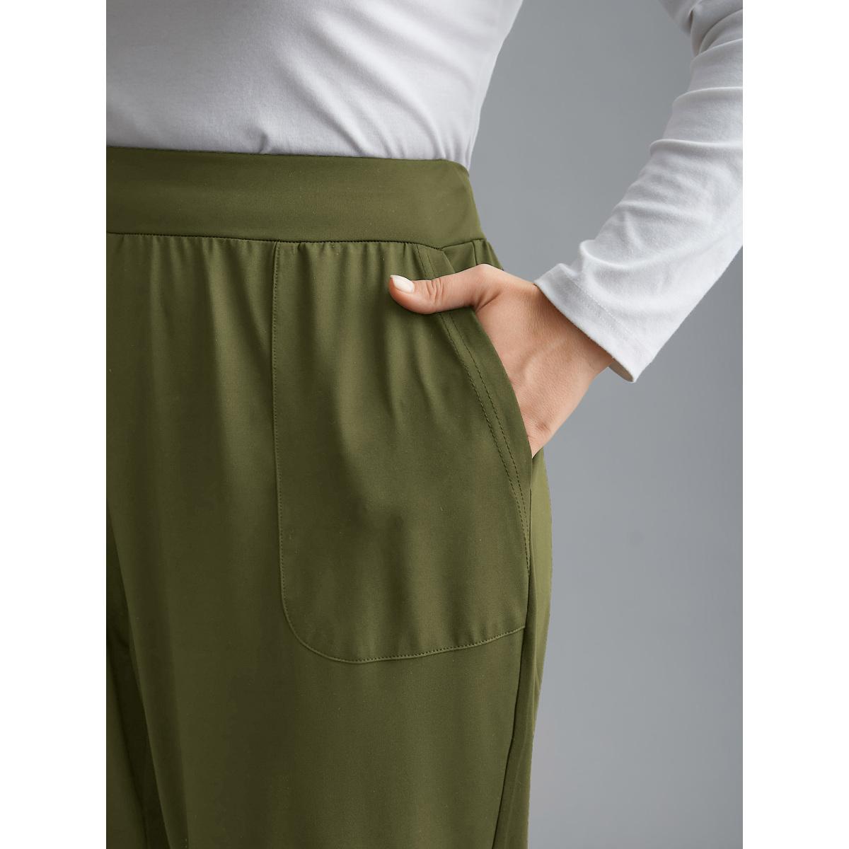 Plus Size Elastic Waist Mid-Rise Yoga Jogger Pants Women ArmyGreen Casual Mid Rise Everyday Pants BloomChic 10/M Product Image