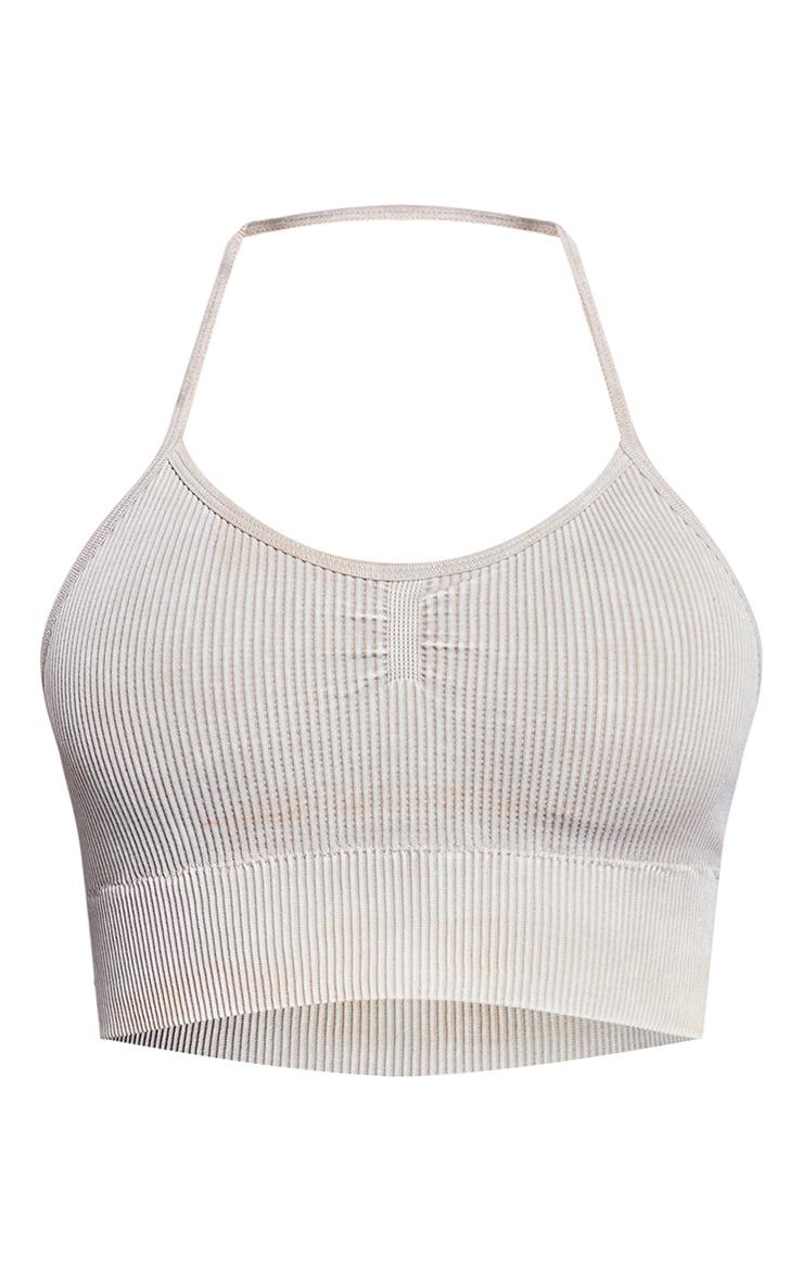 Oatmeal Acid Wash Seamless Rib Longline Cage Back Top Product Image