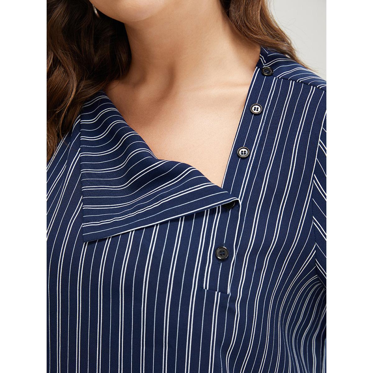 Plus Size DarkBlue Striped Print Asymmetrical Neck Blouse Women Office Short sleeve Asymmetrical Neck Work Blouses BloomChic 26/4X Product Image