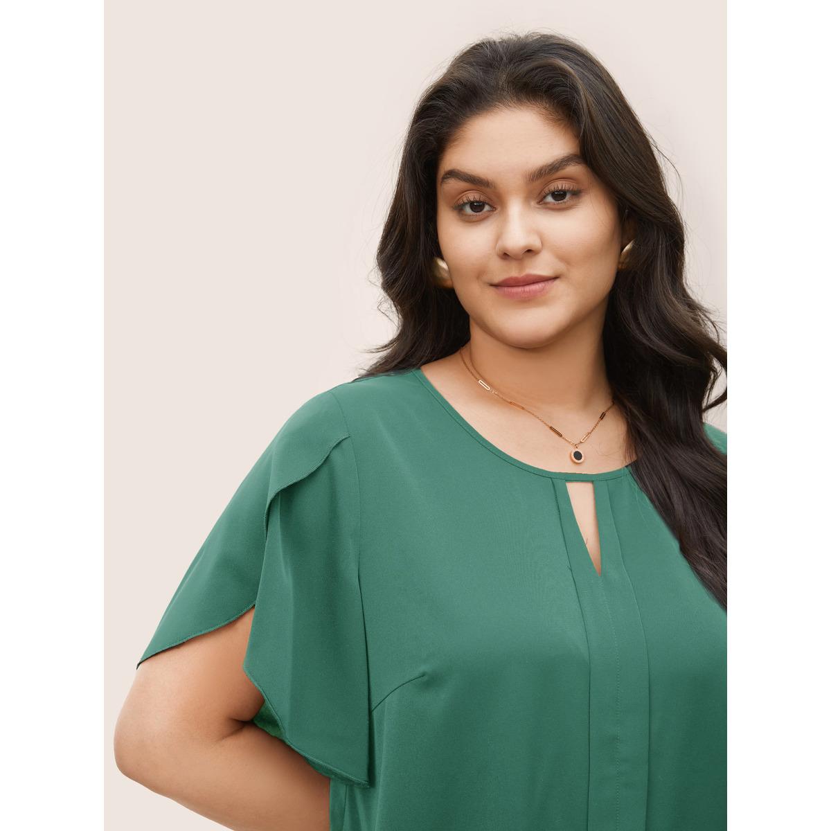 Plus Size Teal Solid Keyhole Petal Sleeve Pleated Blouse Women Work From Home Short sleeve Notched collar Office Blouses BloomChic 18-20/2X Product Image