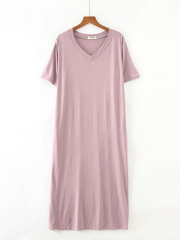 Simple Short Sleeves Loose Split-Side Solid Color V-Neck Pajamas Dress Product Image