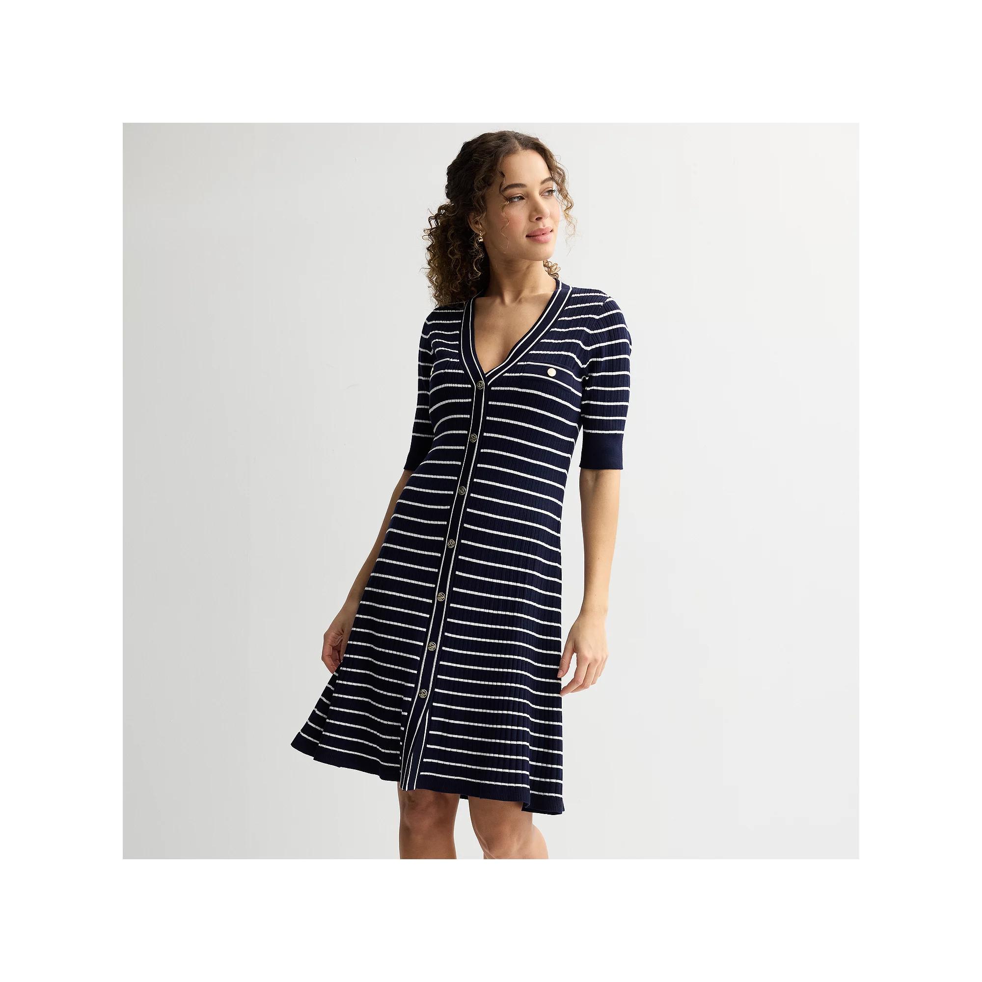 Women's Draper James Elbow Sleeve Button Front Dress, Size: Large, Navy White Stripe Product Image