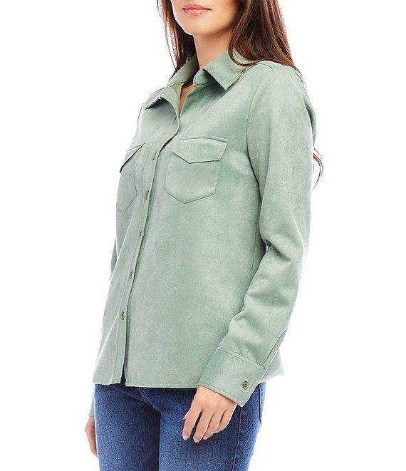 Karen Kane Stretch Faux Suede Collared Neckline Long Sleeve Button Front Shirt Product Image