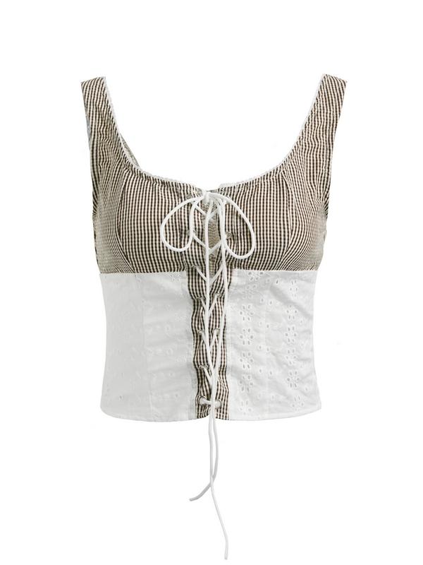 Vintage Plaid Splice Lace Up Tank Top Product Image
