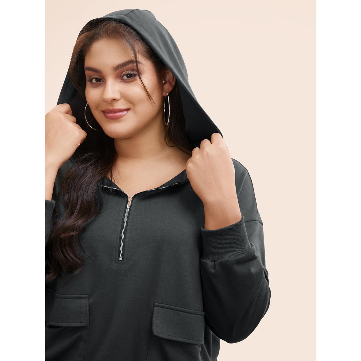 Plus Size Half Zip Hooded Pocket Sweatshirt Women DimGray Casual Patchwork Hooded Everyday Sweatshirts BloomChic 30/6X Product Image