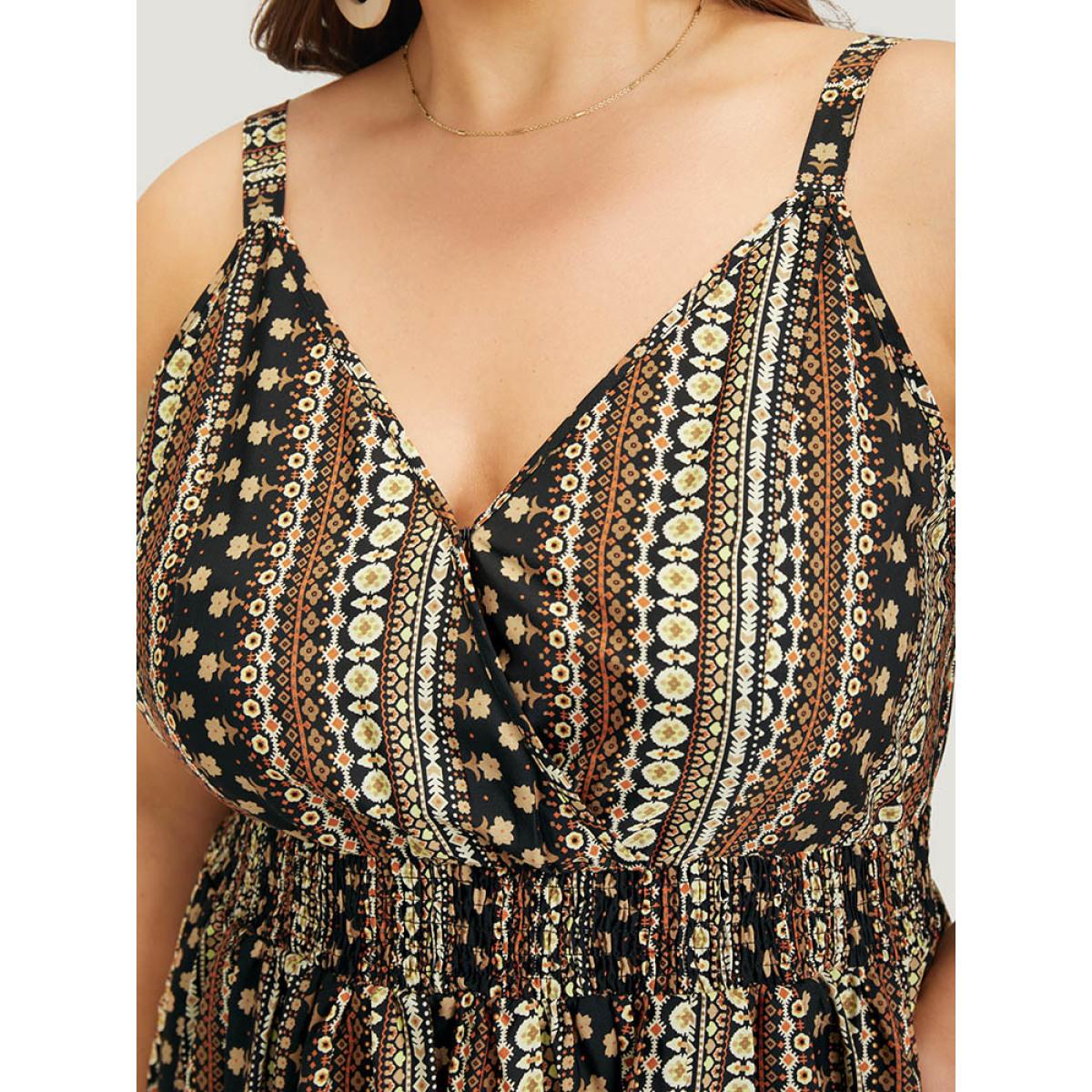 Plus Size Bandana Print Shirred Pocket Split Wrap Cami Dress DarkBrown Women Vacation Adjustable Straps Spaghetti Strap Sleeveless Curvy Midi Dress BloomChic 30/6X Product Image