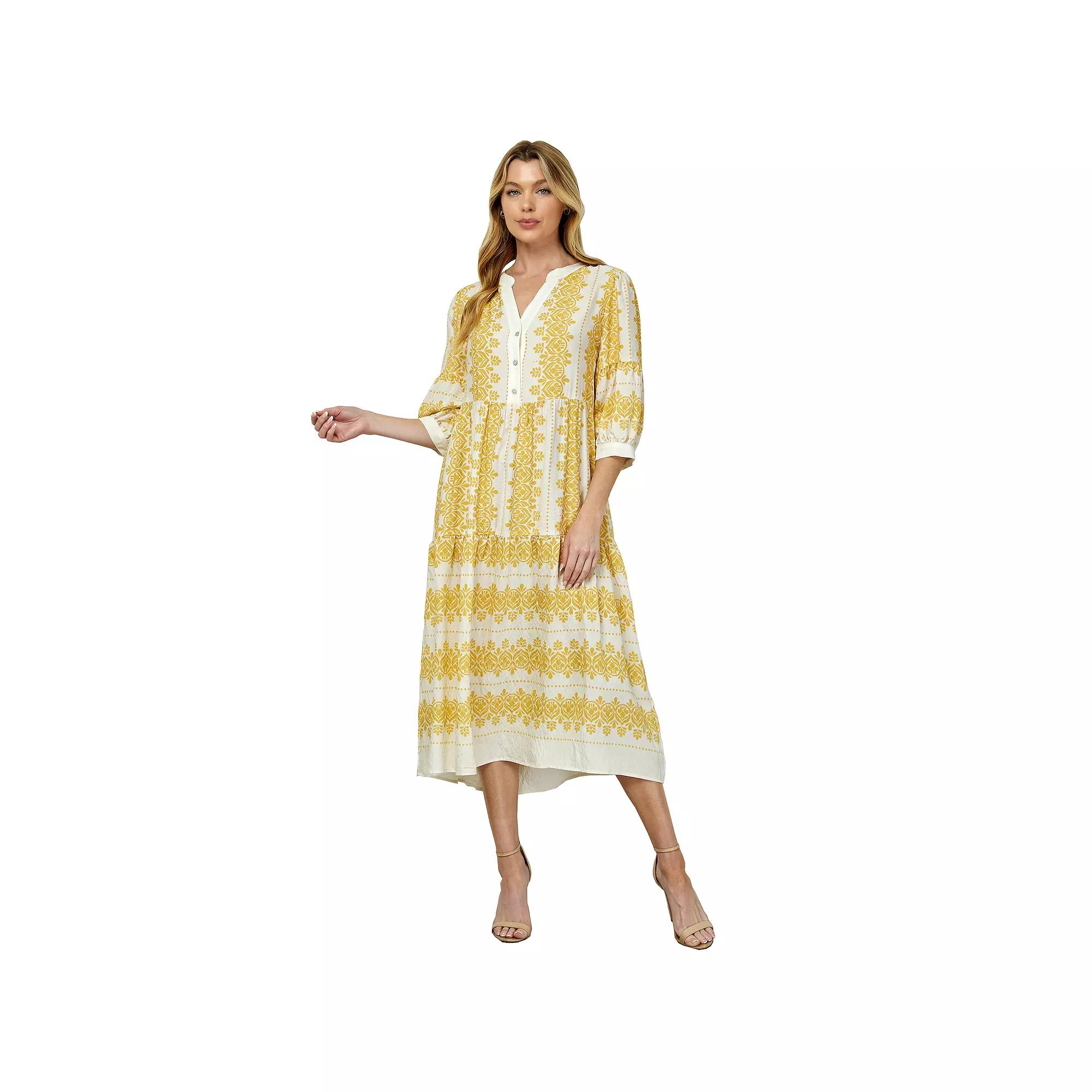 Women's Figueroa & Flower Long Sleeve V-Neck Midi Dress, Size: XL, Ivory Navy Product Image