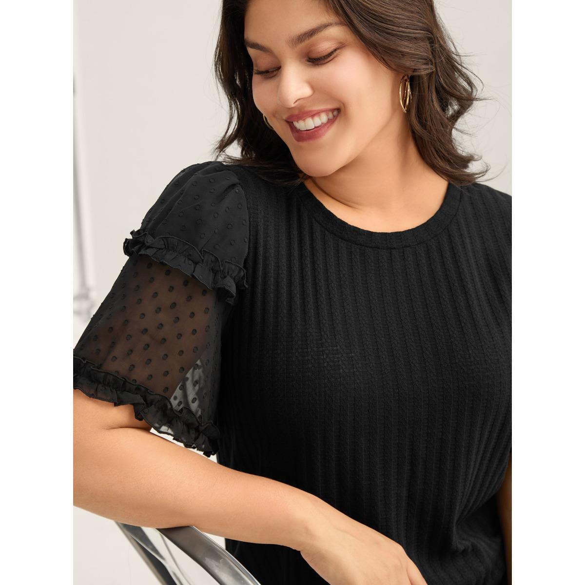 Plus Size Textured Pit Strip Layered Sleeve Sheer T-Shirt Black Women Leisure Texture Round Neck Casual T-shirts BloomChic 26/4X Product Image