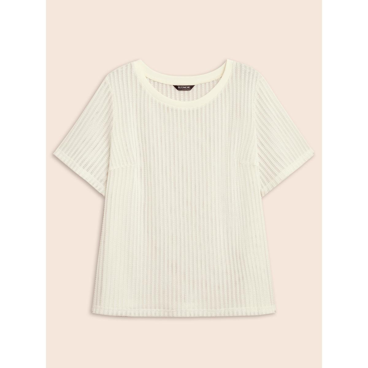 Plus Size Round Neck Pointelle Knit T-shirt Beige Women Casual Texture Round Neck Everyday T-shirts BloomChic 18-20/2X Product Image