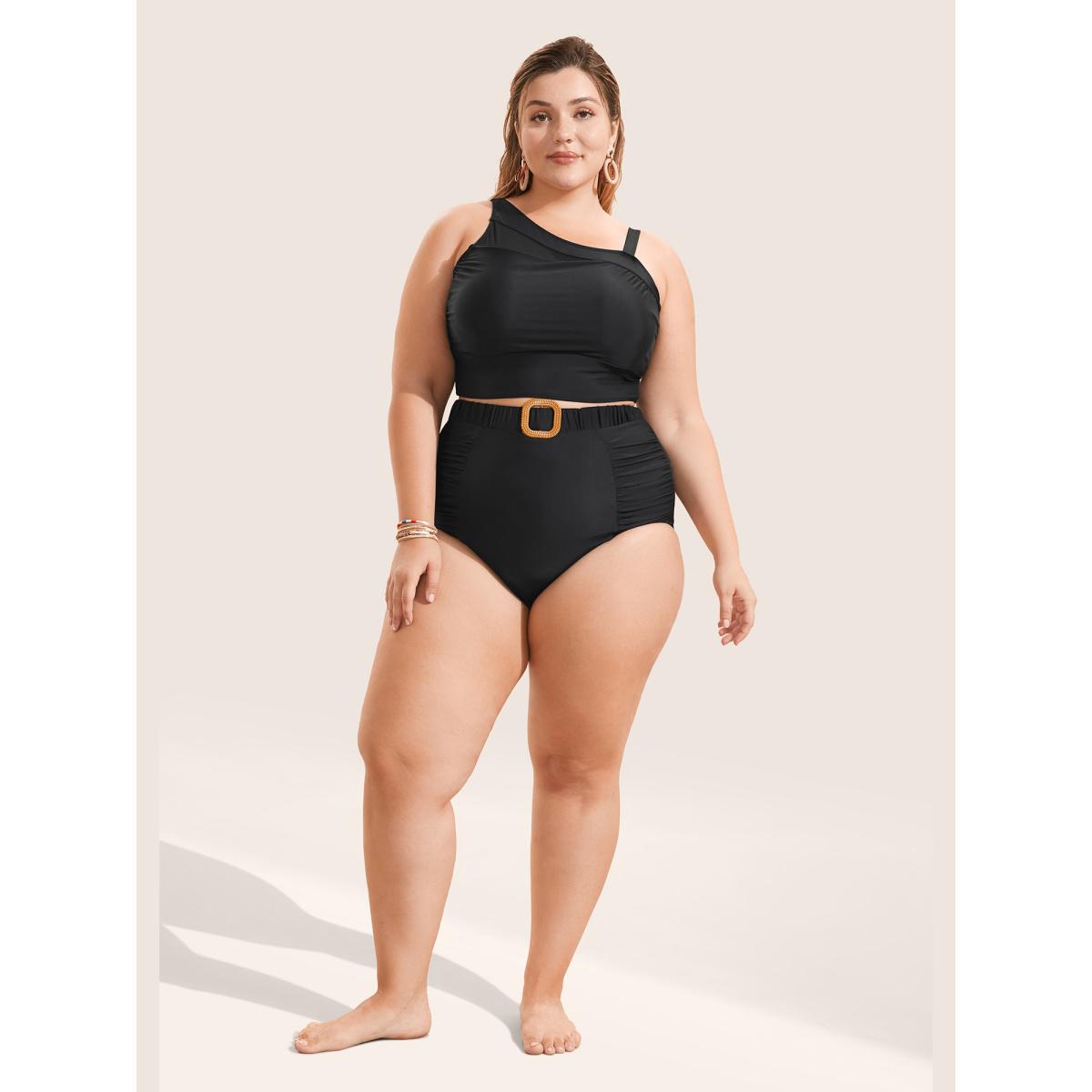 Plus Size Asymmetrical Neck Mesh Patchwork Swim Top Women's Swimwear Black Beach See through High stretch Skinny Asymmetrical Neck Curve Swim Tops BloomChic 30/6X Product Image