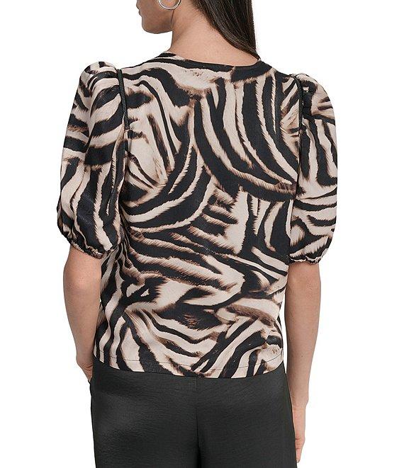 DKNY By Donna Karan Blurred Zebra Satin Puff Sleeve Cold Shoulder Top Product Image