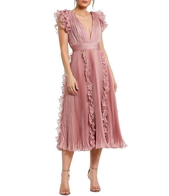 Mac Duggal Pleated Chiffon Deep V-Neck Flutter Sleeve Ruffle Midi Dress Product Image