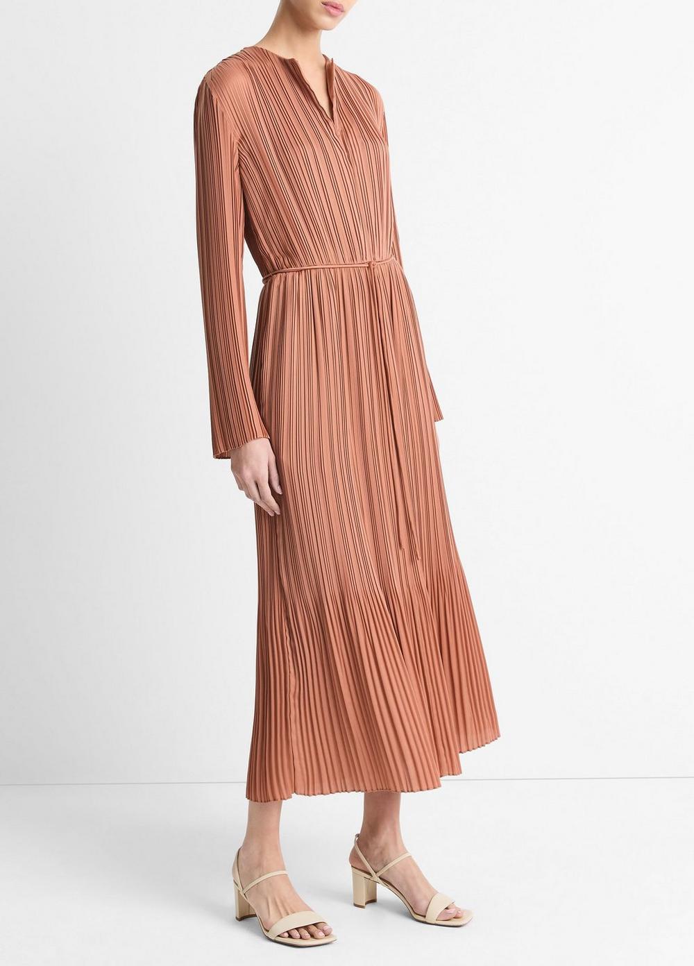 Pleated Satin Long-Sleeve Dress Product Image