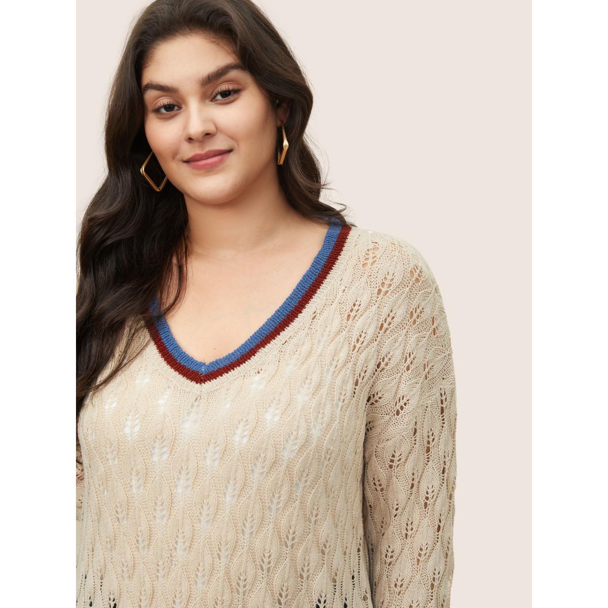 Plus Size Contrast Striped Texture Hollow Out Pullover Apricot Women Casual Long Sleeve V-neck Everyday Pullovers BloomChic 22-24/3X Product Image