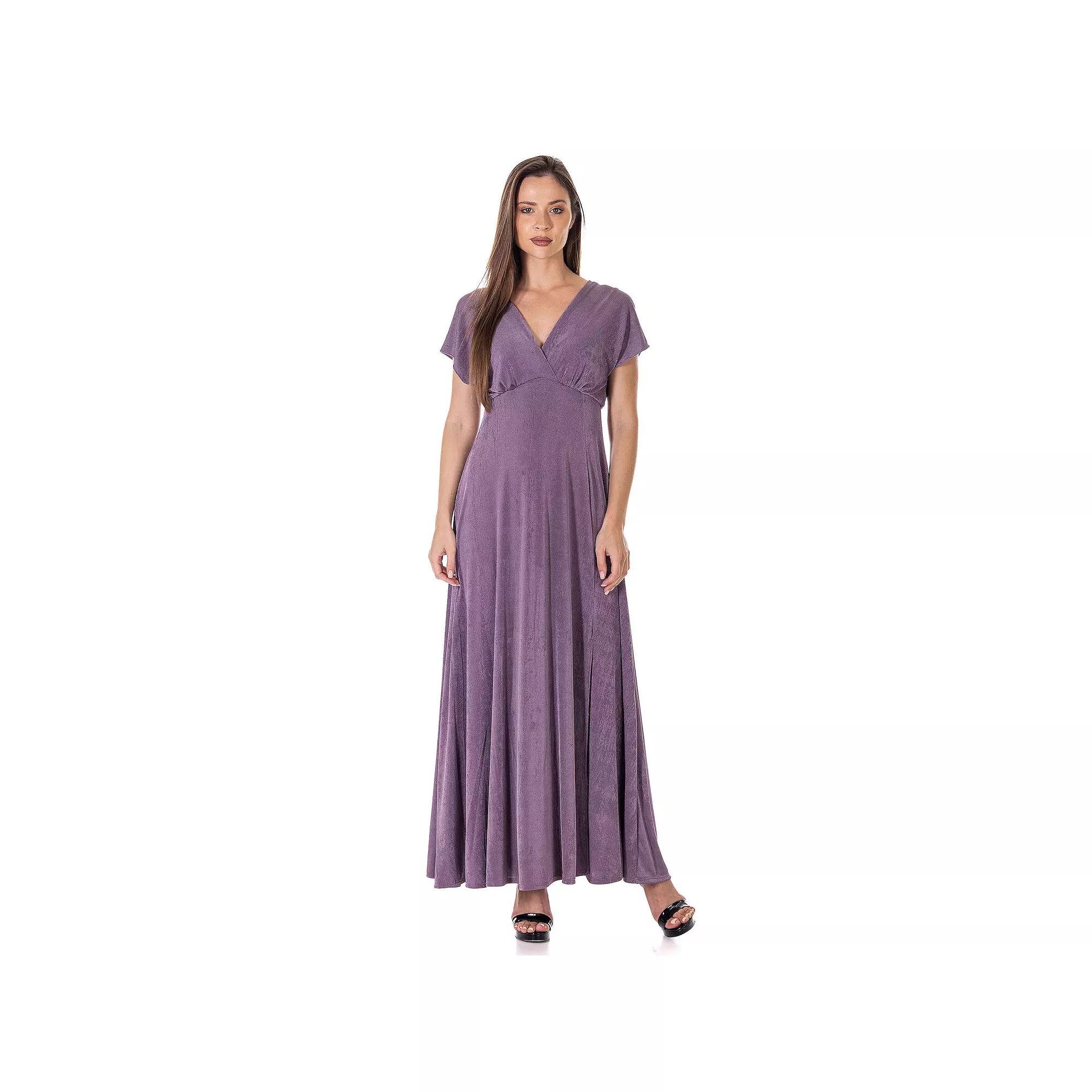 Women's 24Seven Comfort Apparel Flutter Sleeve Metallic Knit Maxi Dress Front Slit Empire Waist, Size: XL, Pink Product Image