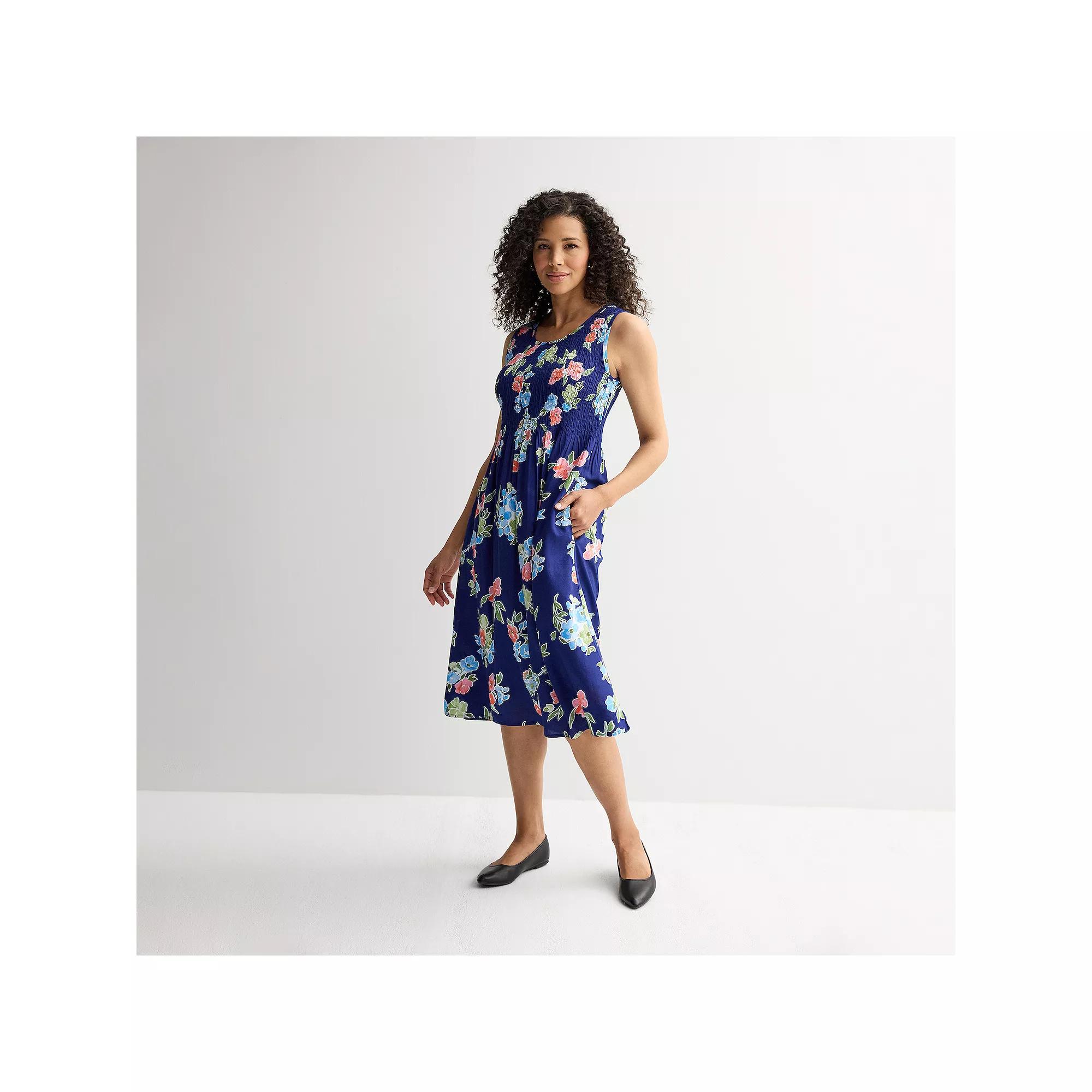 Petite Croft & Barrow Smocked Midi Dress, Womens Blue Floral Wash Product Image