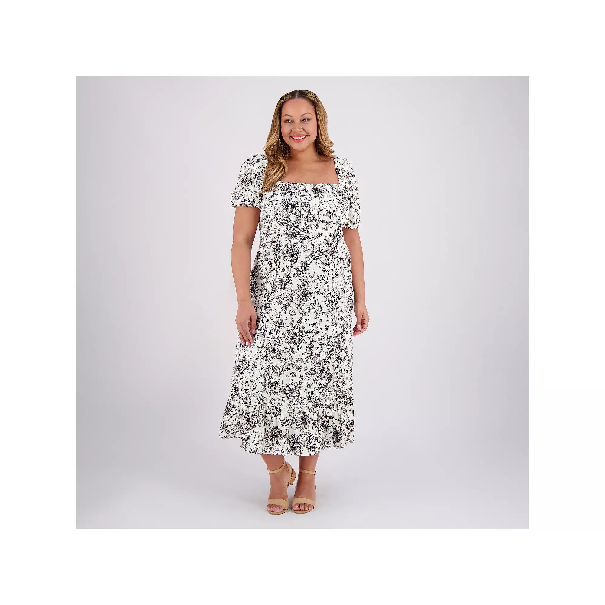 Plus Size London Times Floral Square Neck Puff Sleeve Empire Waist Midi Dress, Women's, Size: 14 W, Ivory Black Product Image