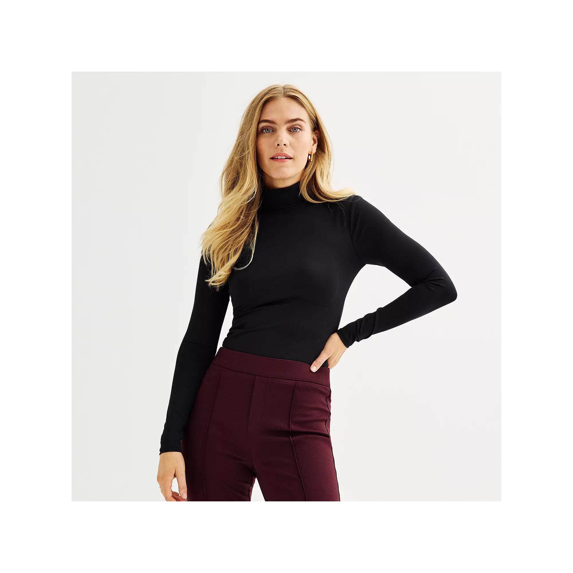 Women's Nine West Sculpted Long Sleeve Mockneck Bodysuit, Size: Medium, Mineral Black Product Image