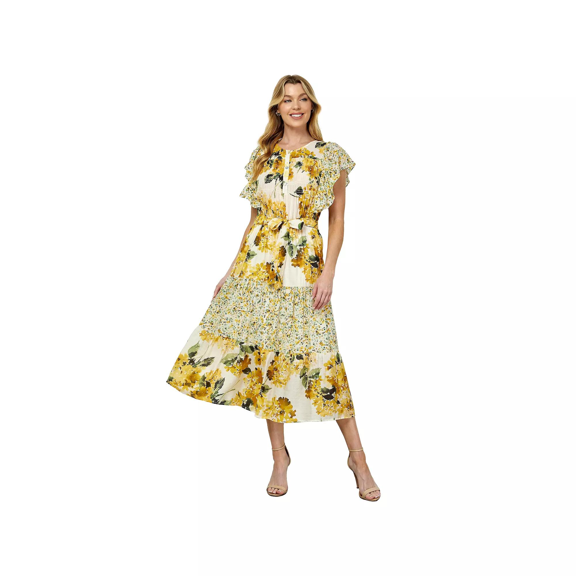 Women's Figueroa & Flower Ruffle Sleeve Midi Dress, Size: Medium, Ivory Gold Product Image