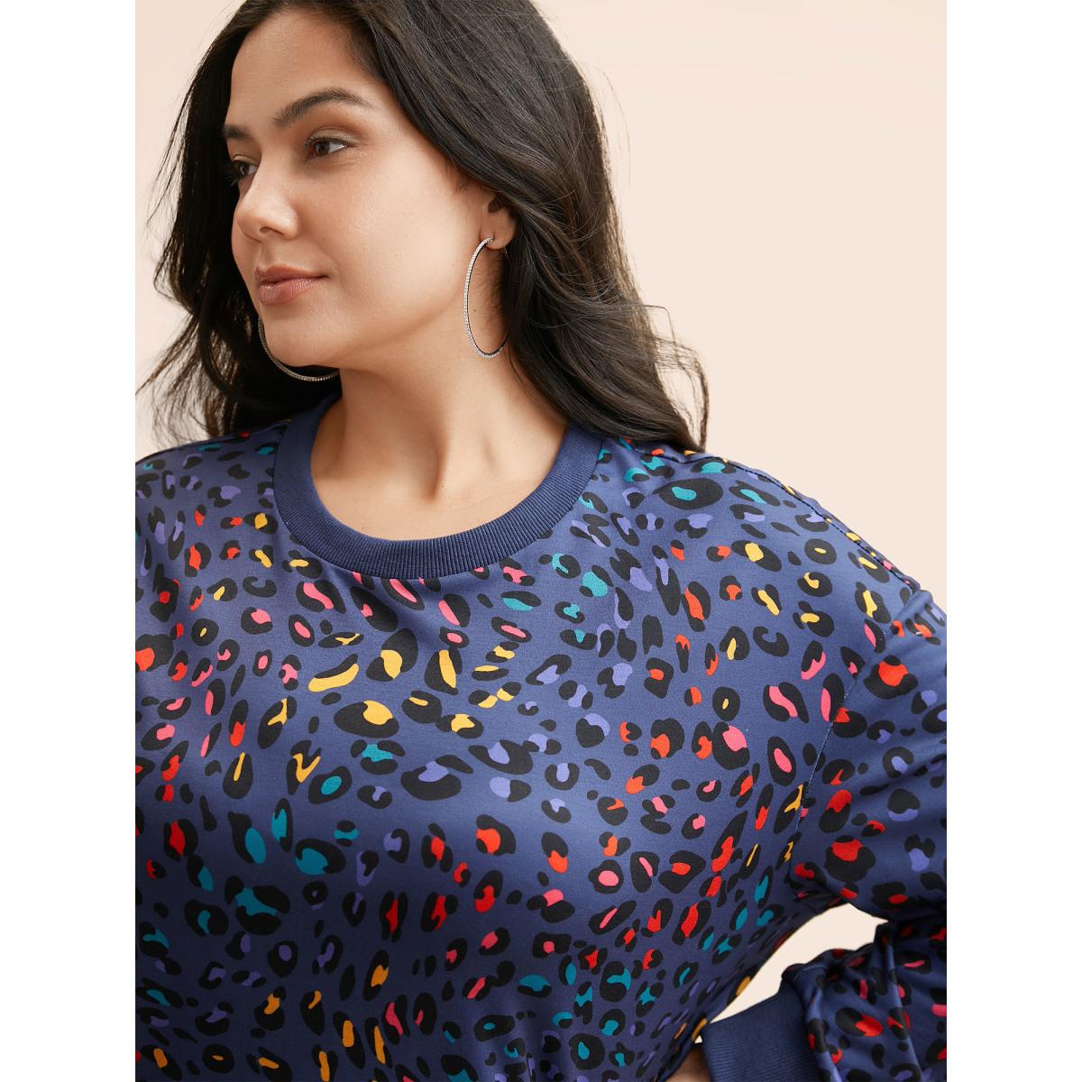Plus Size Round Neck Color Leopard Print Sweatshirt Women Indigo Casual Contrast Round Neck Everyday Sweatshirts BloomChic 14-16/1X Product Image