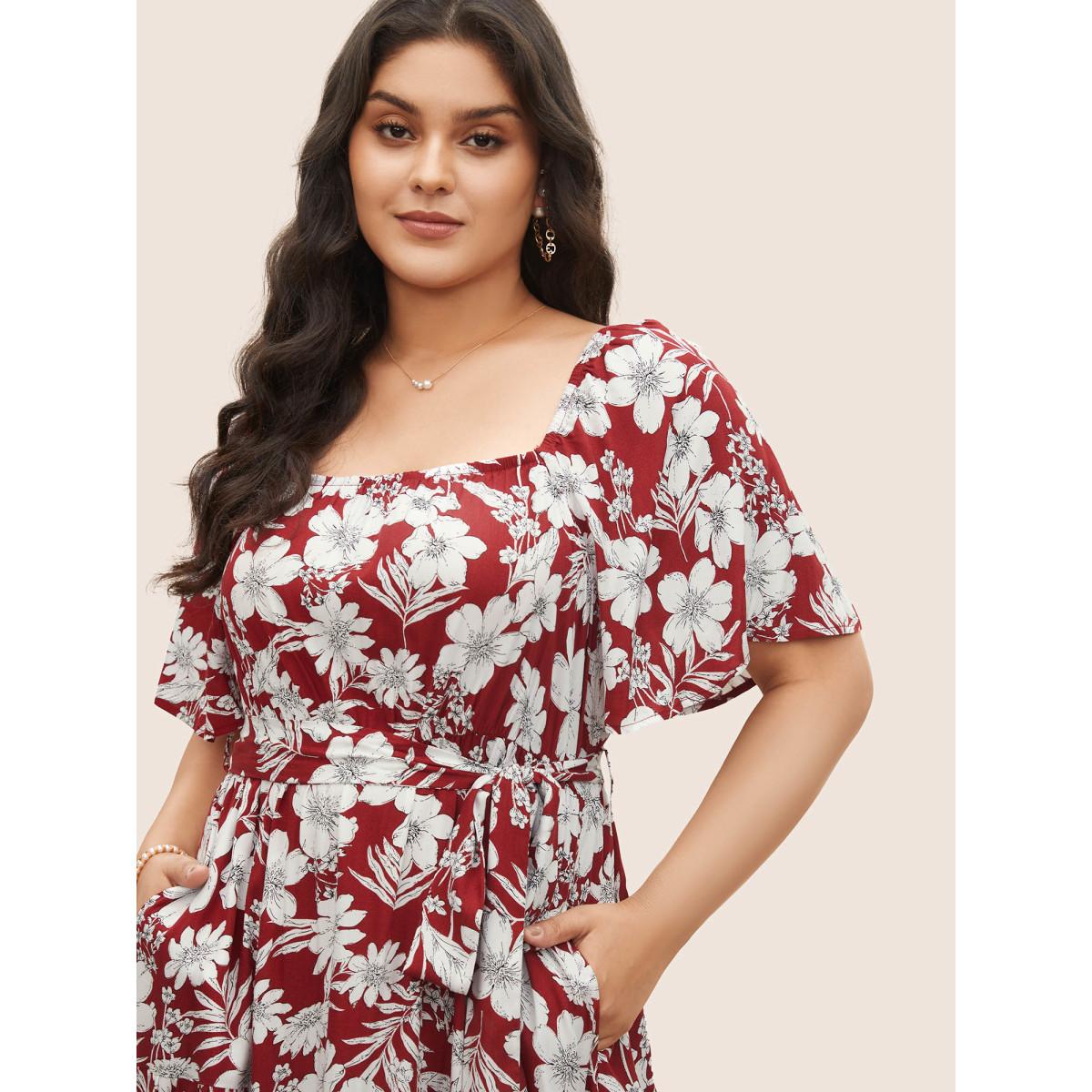 Plus Size Square Neck Floral Print Belted Gathered Dress Russet Women Elegant Gathered Square Neck Short sleeve Curvy Midi Dress BloomChic 22-24/3X Product Image