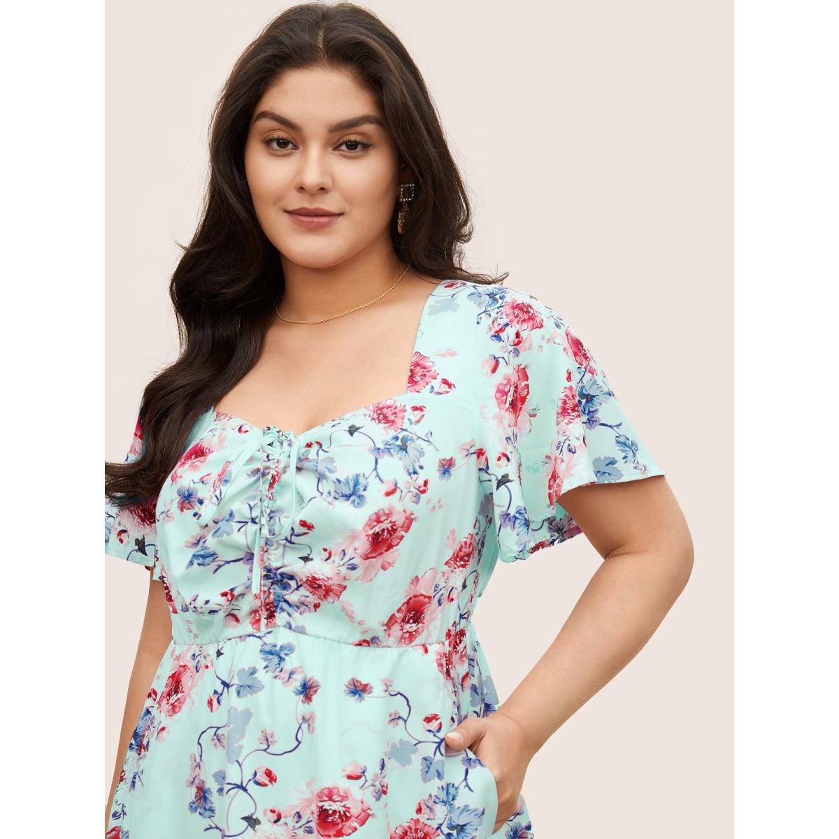 Plus Size Square Neck Floral Print Gathered Drawstring Dress LightBlue Women Elegant Non Square Neck Short sleeve Curvy Midi Dress BloomChic 22-24/3X Product Image