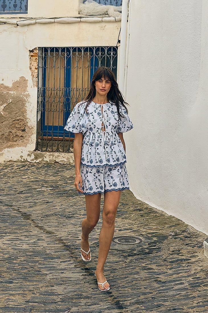 Embroidered Contrast Tie Front Blouse Product Image