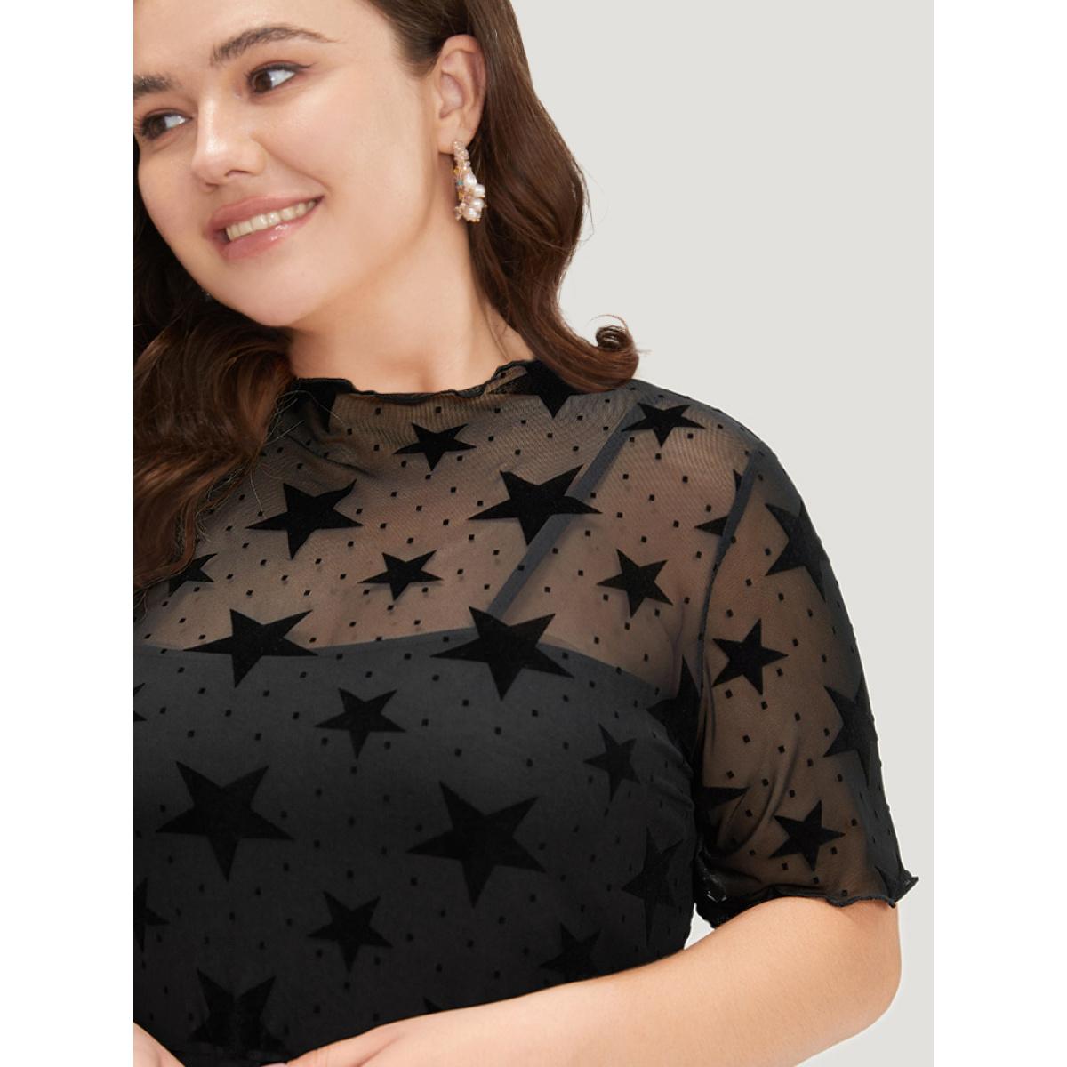 Plus Size Star Graphic Mesh Elastic Waist Midi Dress Black Women Glamour See through Round Neck Short sleeve Curvy Midi Dress BloomChic 12/L Product Image