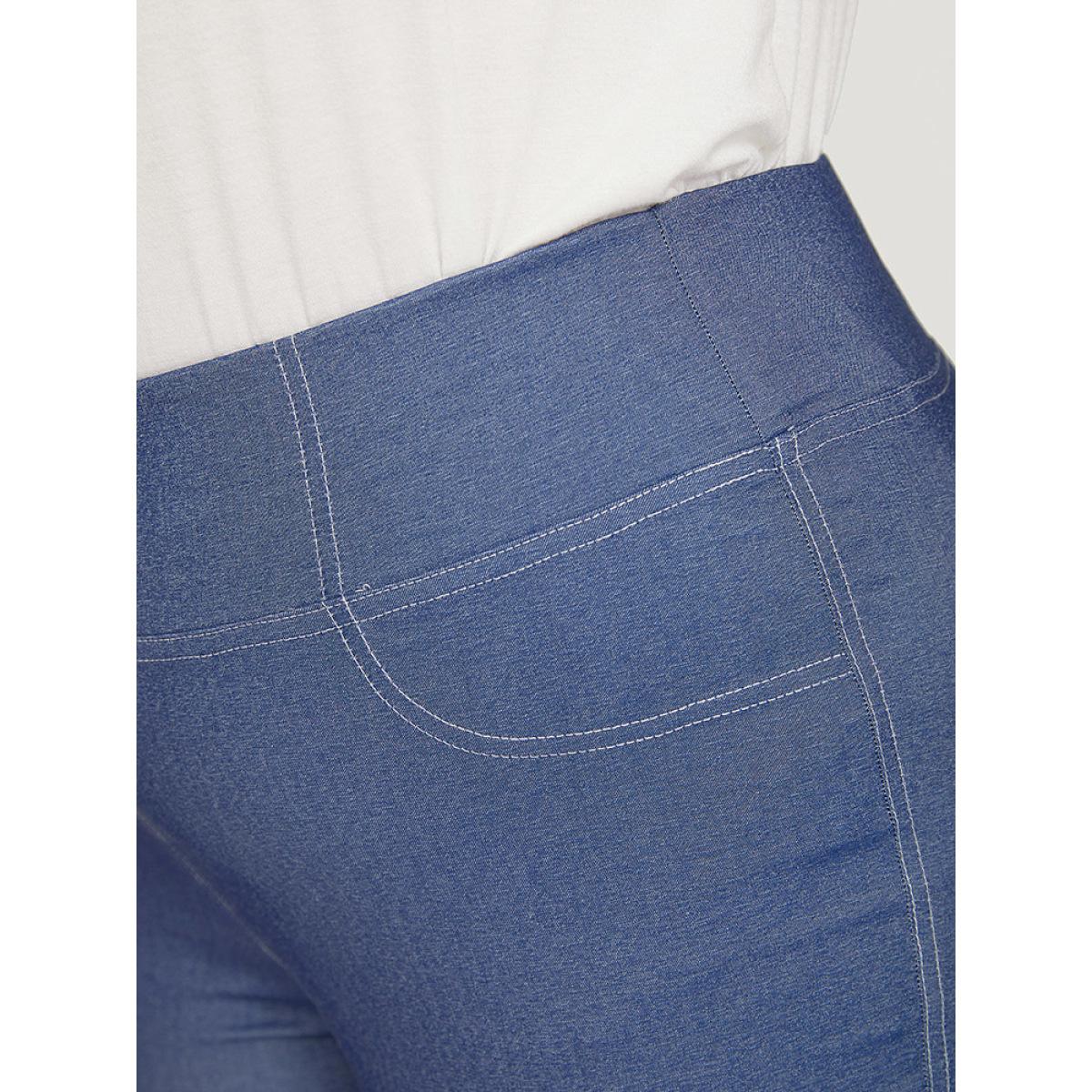 Plus Size Solid Stitch Wideband Waist High Rise Leggings Women Blue Casual High stretch Skinny High Rise Dailywear Leggings BloomChic 10/M Product Image