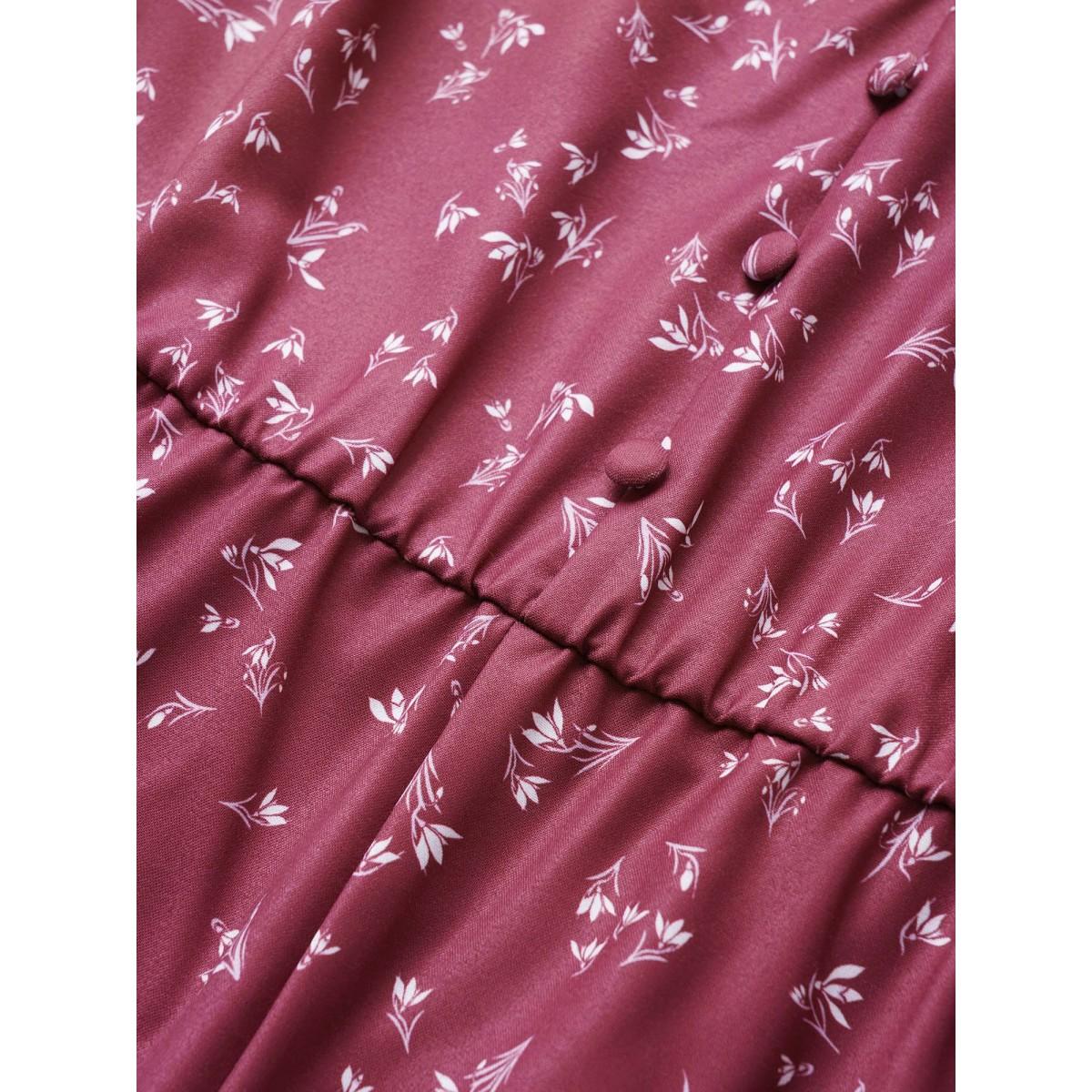 Plus Size DustyPink Ditsy Floral Flutter Trim Belted Button Detail Jumpsuit Women Elegant Half Sleeve V-neck Everyday Loose Jumpsuits BloomChic 30/6X Product Image