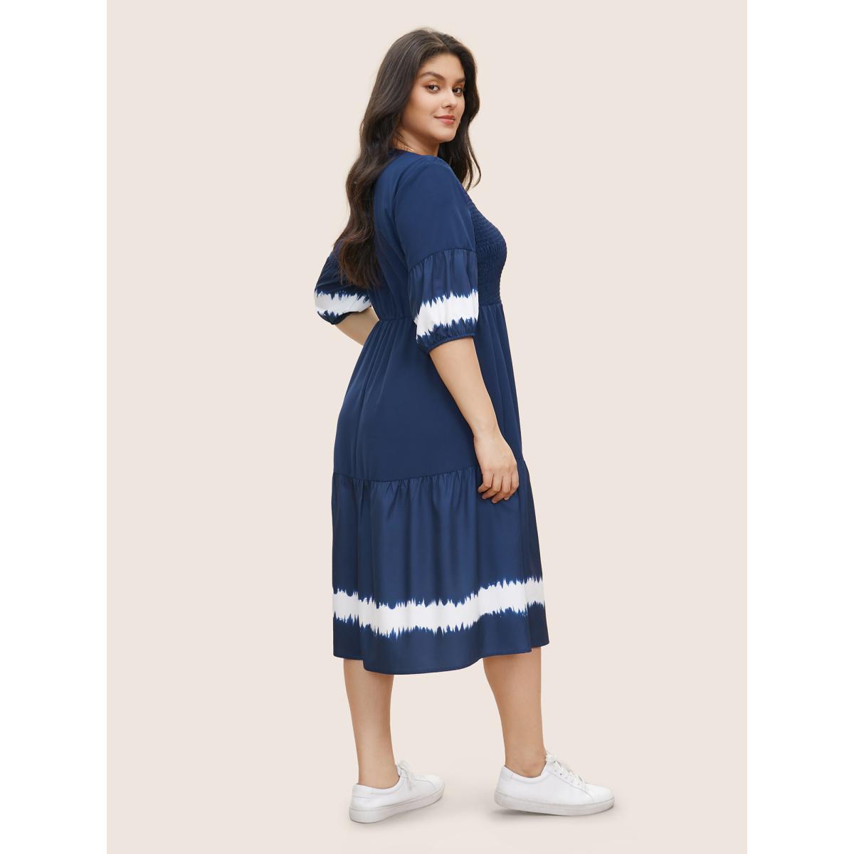 Plus Size Tie Dye Shirred Pocket Notched Dress DarkBlue Women Casual Non Notched collar Half Sleeve Curvy Midi Dress BloomChic 18-20/2X Product Image