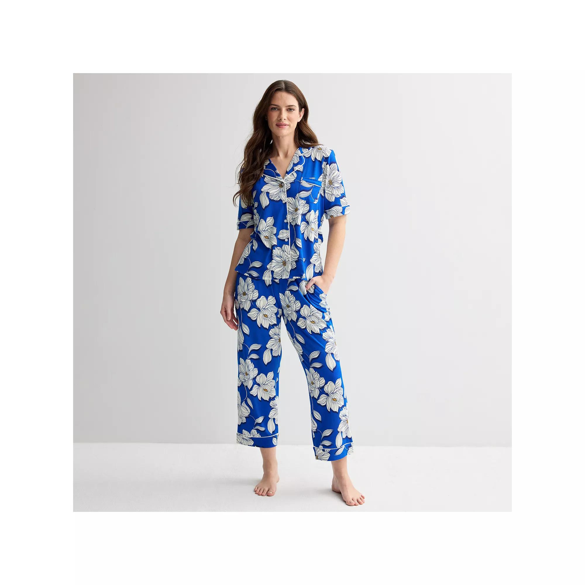 Women's Draper James 2-Piece Cozy Elbow Sleeve Notch Pajama Top and Pajama Pants Set, Size: Small, Blue Magnolia Shadows Product Image