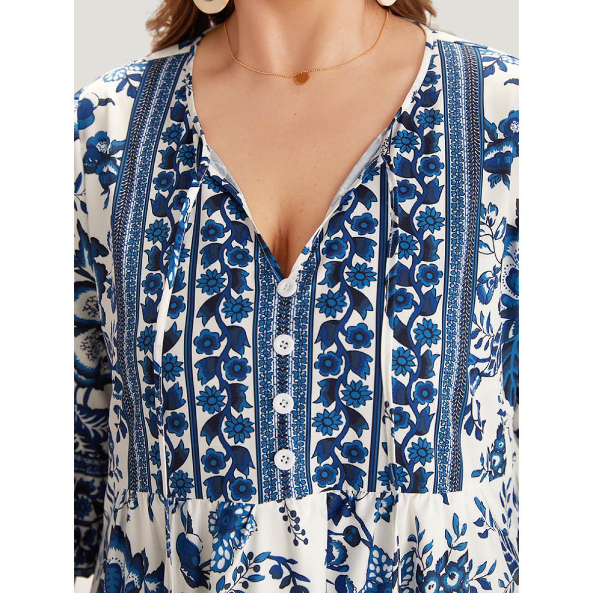 Plus Size Bandana Print Knot Neck Button Detail Dress DarkBlue Women Vacation Cross straps V-neck Elbow-length sleeve Curvy Midi Dress BloomChic 22-24/3X Product Image