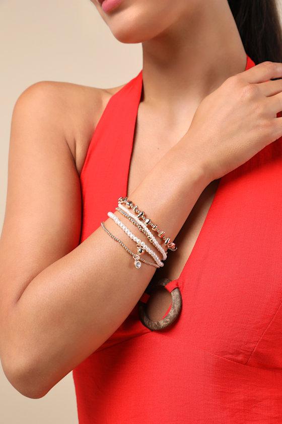 Giginna Gold and White Beaded Five-Piece Bracelet Set Product Image