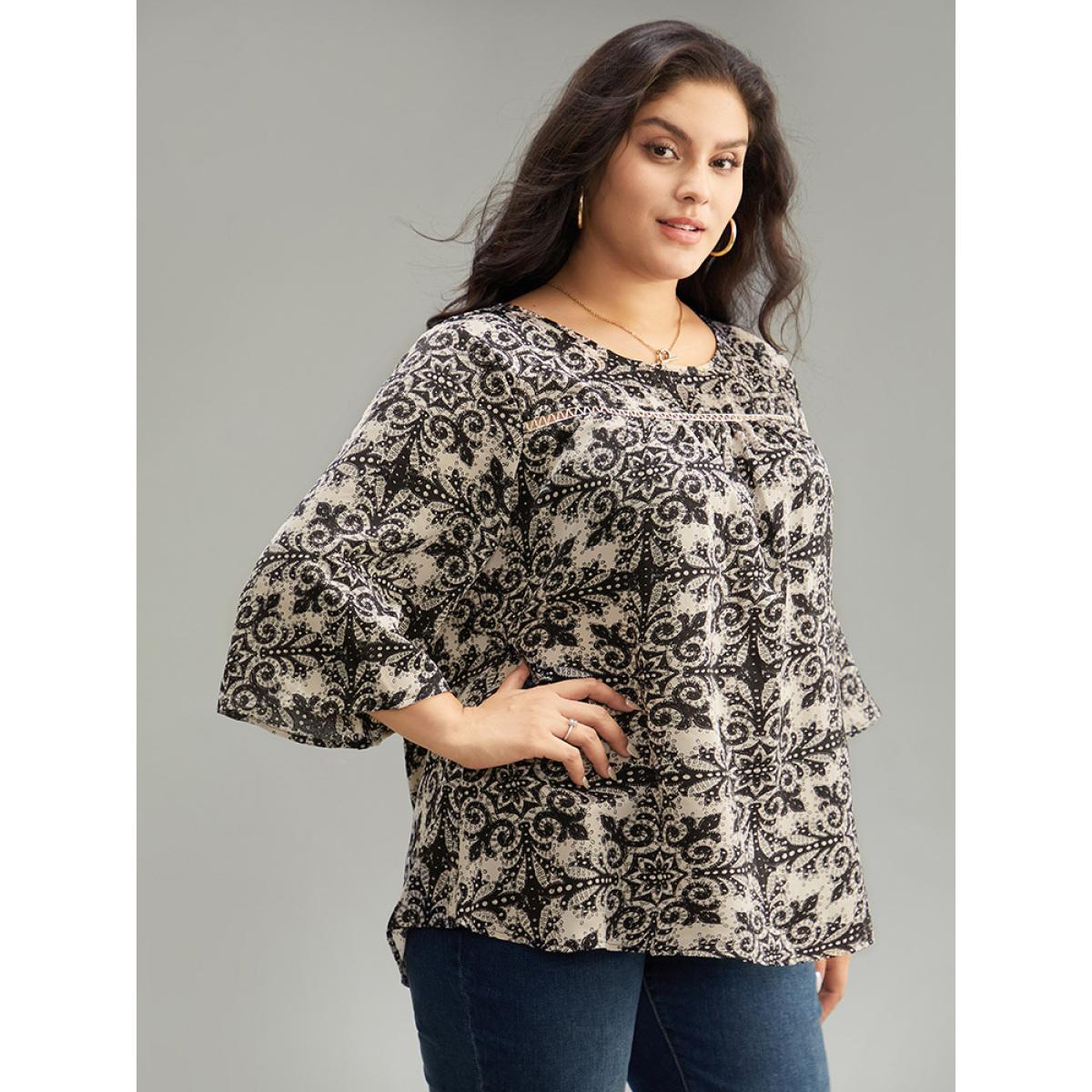 Plus Size LightBrown Paisley Print Stitch Bell Sleeve Blouse Women Vacation Elbow-length sleeve Round Neck Dailywear Blouses BloomChic 22-24/3X Product Image