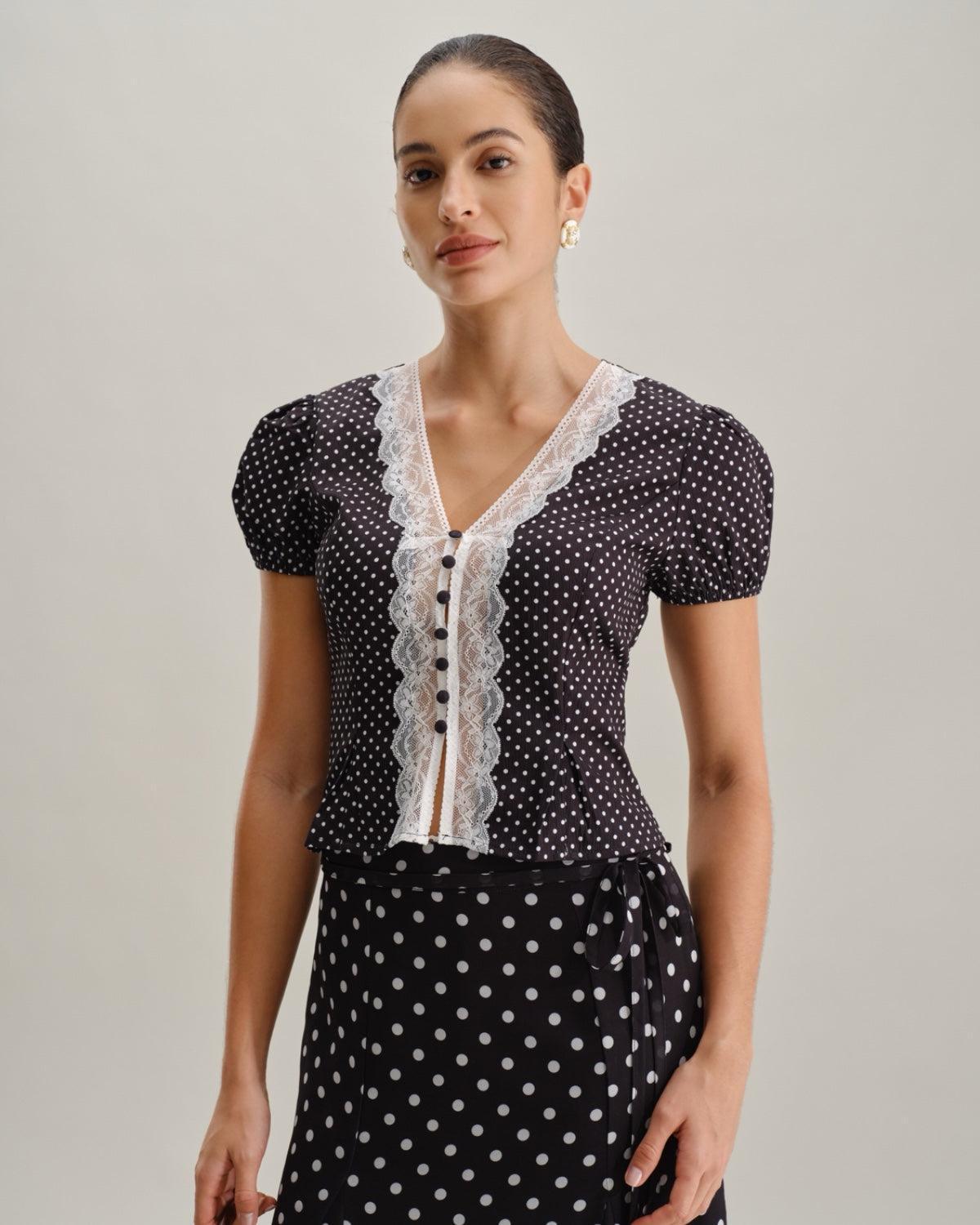 Black Polka Dot Lace Trim Blouse Product Image