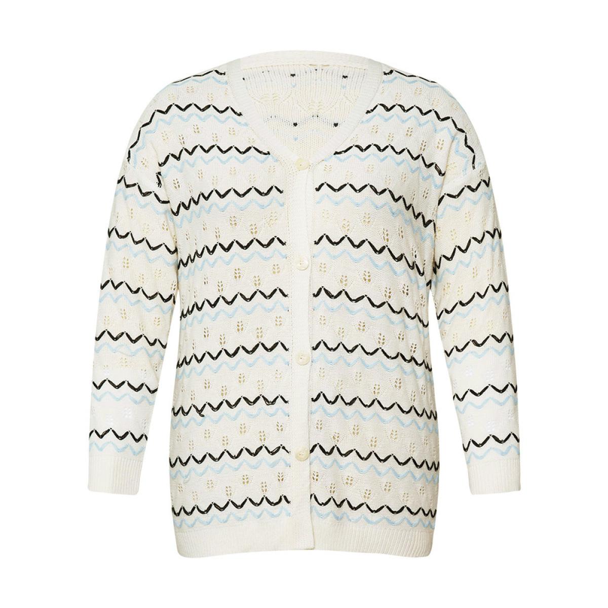 Plus Size UltraCool Wave Striped Eyelet Button Through Cardigan Beige Women Casual Loose Long Sleeve Everyday Cardigans BloomChic 26/4X Product Image