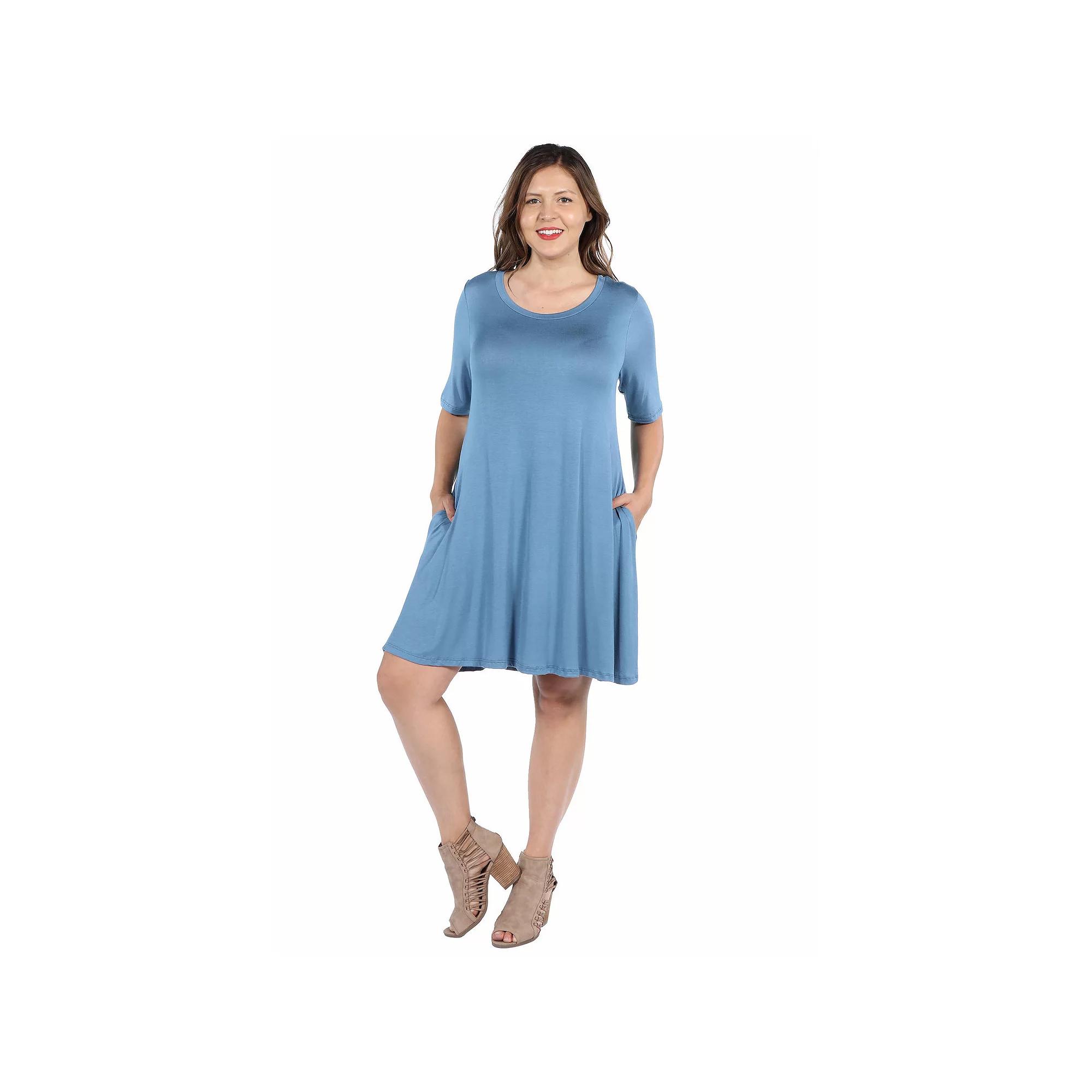 Plus Size 24seven Comfort Apparel Knee Length Pocket T-Shirtdress, Women's, Size: 1XL, Blue Product Image