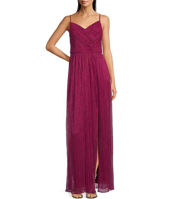 Alex Evenings Shimmer Sleeveless Spaghetti Strap Sweetheart Neck Front Slit Pleated Gown Product Image