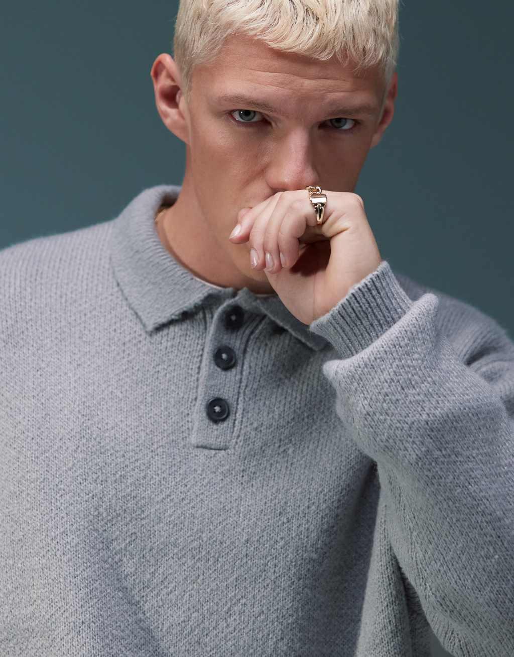 ASOS DESIGN oversized brushed knitted polo in light gray Product Image