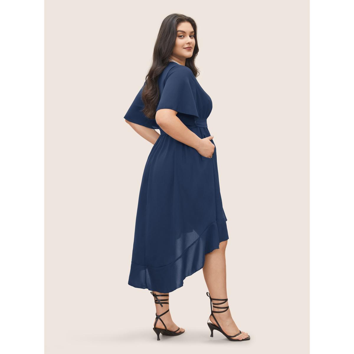 Plus Size Bloom Dress - Solid Tie Surplice Ruffle High Low Dress DarkBlue Women Elegant Cross straps V-neck Short sleeve Curvy Midi Dress BloomChic 22-24/3X Product Image